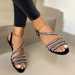 Sandals Women's 2023 Casual Ladies Flat Shoes Rhinestones Bling Summer Comfort Cross Slip On Woman Sandalias Female Footwear