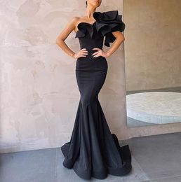 Prom Party Gown Evening Dresses One-Shoulder Mermaid Floor-Length Sweep Train Satin long Black Sexy Button