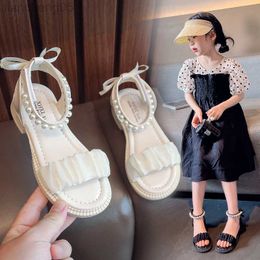 Sandals Children's Sandals for Girls 2022 Summer New Sweet Open Toe Pearl Summer New Kids Fashion Low-heeled All-match Shows Lace Party W0327