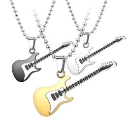 Stainless Steel Guitar Couple Necklace For Men Women Musical Instrument Pendant Beads Chain Fashion Jewelry Gift