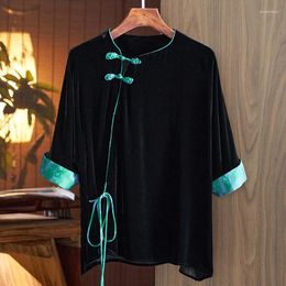 Women's Blouses Chinese Style Women's Vintage Shirts Elegant For Women Loose Tops Half Sleeve Real Silk Velvet Woman Black Shirt Blouse
