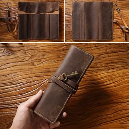 Pencil Bags Handmade Leather Pen Organiser Holder With Tied Up Wrap Rope Pencil Case Nature Cowhide School Office Stationery Pencilcase 230327