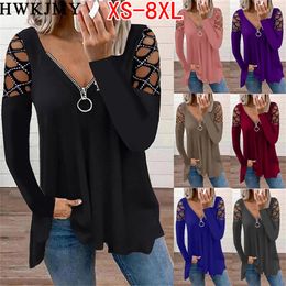 Womens TShirt Womens Fashion Casual Clothes Off Shoulder Long Sleeve Tops Vneck Zipper Tees LadiesTshirt Loose Cotton Shirts 5XL 230327