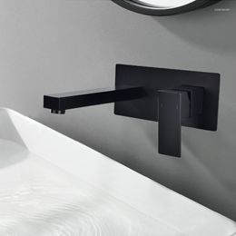 Bathroom Sink Faucets Matte Black Wall Mounted Basin Faucet Square Bathtub Single Handle Solid Brass Chrome & Cold Mixer Tap
