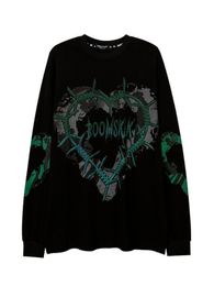 Women's TShirt HOUZHOU Gothic Punk Green Print Long Sleeve Tshirt Grunge Oversize Harajuku Streetwear Hippie Oneck Black Top Pullover 23327