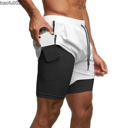 Men's Shorts Men 2 in 1 Double Layer Shorts Gym Fitness Bodybuilding Quick-dry Pants Male Summer Crossfit Running Training Bottoms Clothing W0327