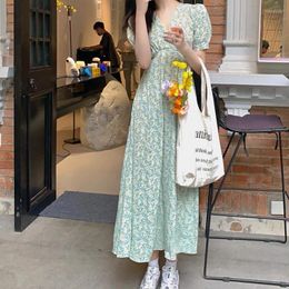 Casual Dresses Sweet Dress Women Summer Floral Elegant Mid-calf Draped Trendy Leisure Empire Green Girls Female Comfort Ulzzang Vintage