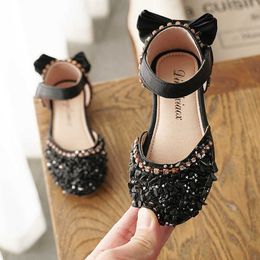 Sandals Spring Summer New Korean Rhinestone Soft Soled Girls Half Sandals Princess Shoes Children's Girls Fashion Bow Leather Shoes