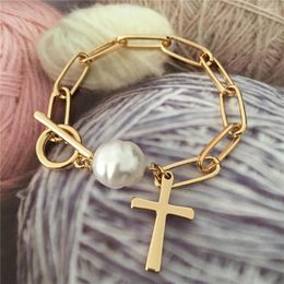 Charm Bracelets Gold Colour Plating Lovely Cross And Irregular Pearl T Bar Enclosure Bracelet For Women Girl Chic Statement Bohemia Jewellery