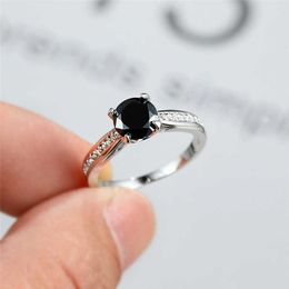 Band Rings Cool Female Black Zircon Stone Ring Classic Silver Colour Thin Engagement Rings For Women Trendy Crystal Round Wedding Ring G230327