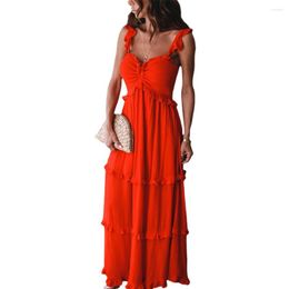 Casual Dresses Elegant Women Long Dress Summer Solid Color V Neck Sleeveless Drawstring Ruched Party Ladies Ruffle Strap Formal
