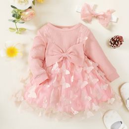 Girl's Dresses Hibobi Baby Bowknot Butterfly Decor Mesh Long Sleeve Dress Ruffles Lace Bow Princess Costumes Clothes 230327