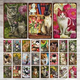 Cute Cat And Flower Scenery Vintage Art Painting Metal Plate Painting Living Room Home Wall Decoration Plate 30X20cm W03