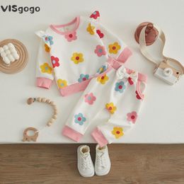 Pyjamas VISgogo 2Piece Baby Girl Fall Outfits Flower Print Ruffle Long Sleeve TShirt Casual Pants Set for Toddlers 024 Months 230327