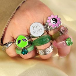 Wedding Rings Green Pink Crystal Acrylic Enamel For Women Punk Hip Hop Vintage Silver Color Engraved Letter Heart Metal Ring Jewelry