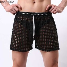 Men's Shorts Mens Trunks Mesh Fishnet Hollow Out Boxers Transparent Loose Causal Shorts Sleep Bottoms Quick-drying Trunks Elastici Palestra W0327
