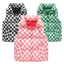 양복 조끼 어린이 가을 따뜻한 여자 패션 체커 보드 패딩 재킷 소년 캐주얼 스탠드 칼라 아래 면화 조끼 2y10y 230327