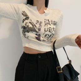 Womens TShirt Long sleeve Cropped Top Grunge Clothes Vintage Letter Tshirt Aesthetic Korean Style Chic Slim Autumn y2k Streetwear 230327