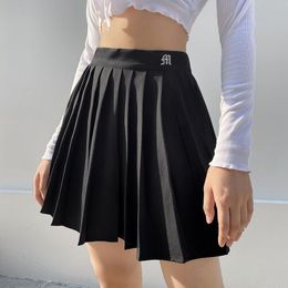 Skirts Summer White Sexy Pleated Skirt Woman Elastic High Waist A-line Mini Skirt Vintage College Style Embroidery Tennis Skirt 230327