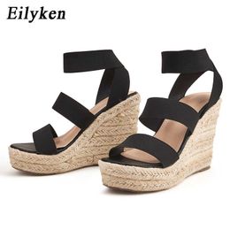 top Stretch Fabric Solid Women Platform Wedges Sandals Fashion High heels shoes Ankle Strap Ladies Open toe Sandals 230306