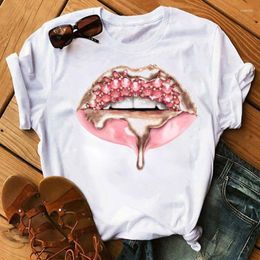 Women's T Shirts ZOGANK Women Shirt Fashion Makeup Red Lips In Diamonds Drip Graphic Tee Clothes Aesthetic White Female T-shirt