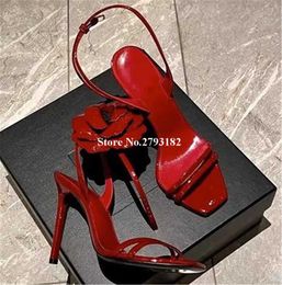 Sandals Ladies Charming Square Toe Flower Decorated Thin Heel Sandals Wine Red Patent Leather Thin Straps Stiletto Heel Dress Shoes Z0325