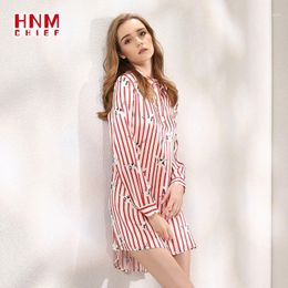 Women's Sleepwear HNMCHIEF Red Silk Satin Night Dress Women Nightgown Print Sleepshirts Long-sleeves Nightie Stripe Nightdress Home Sleepwea