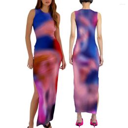 Casual Dresses Women Tie Dye Print Long Dress Summer Sleeveless Knit Stretchy Woman Sexy Bodycon Thigh Split Sundress Outfits