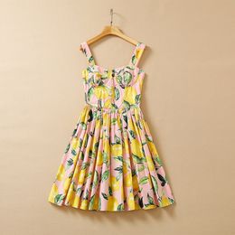 Summer Spaghetti Strap Knee-Length Dress Square Neck Pink Floral Lemon Print Panelled Elegant Casual Dresses 22Q151632