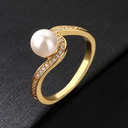 Band Rings JUNZI Luxury Zirconia Oversized Imitation Pearl Rings for Women Twist Gold Plated Engagement Wedding Bridal Jewellery Couple Gifts G230327