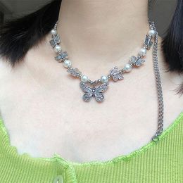 Pendant Necklaces Vintage Pearl Butterfly Necklace For Women Girl Metal Cool Punk Creative Unique Animal Trendy Choker Jewellery