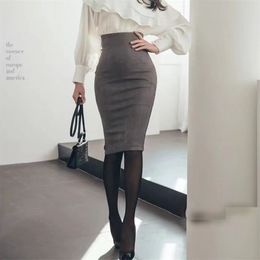 Skirts SUO CHAO S-5XLPlus size Sexy Multi Pencil Skirt Womens Solid Colour High Waist Suede Sheath Back Split Midi Bodycon Skirts 230327