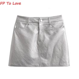 Skirts FP To Love French Silver PU Mini Metallic Sexy High Waist Hip Skirt Chic Retro Short ALine Metal 230327