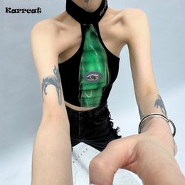 Camisoles Tanks Karrcat Cyber Y2k Halter Tops Grunge Irregular Tank Top Gothic Black Crop Top Punk Style Chic Designer Clothes Egirl Streetwear 230327