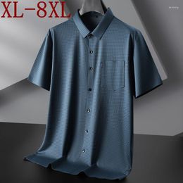 Men's Casual Shirts 8XL 7XL 6XL 2023 Summer High End Ice Silk Breathable Paid Shirt Men Brand Clothing England Style Business Pocket Mens