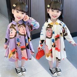 16084 Kids Girls Shirt Dress Dollar Collar Long Sleeve Cartoon Dress Girl Childen Casual Dresses