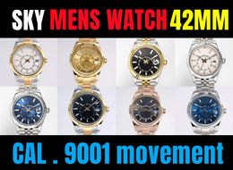 SKY Men's watch 42mm 9001 automatic mechanical movement scale 18 small window red dot adjustable sapphire mirror date month calendar dual time zone 904L