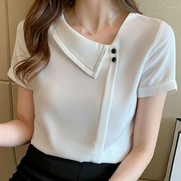 Women's Blouses Blusas Mujer De Moda 2023 Elegant Office Lady Skew Collar White Short Sleeve Chiffon Solid Top Femme Tops Ladies 1492