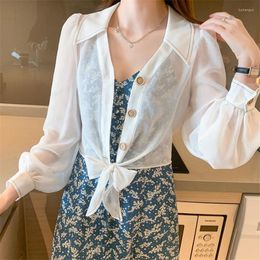 Women's Blouses 2023 Spring Summer Casual White Shirt Elegant Chiffon Blouse Womens Tops And Puff Sleeve Sheer See Through Blusa Mujer