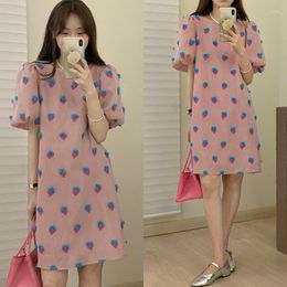 Casual Dresses South Korean INS Niche French Sweet Round Collar Three-dimensional Flower Bubble Sleeve Loose Straight Tube Small Dress Women