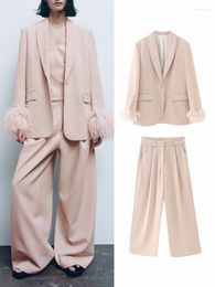 Women's Two Piece Pants Women's 2023 Spring Fashion Feather Trim Single Button Straight Blazers Wide Leg High Waist Light Pink Two-Piece