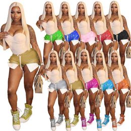 Roupas de grife feminino Pu shorts Novo e slim Sexy Up Pocket Contrast Contrast Split Leather calça curta Clubwear