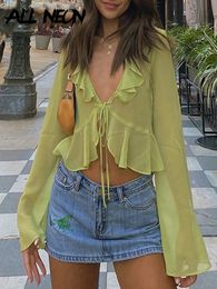 Womens TShirt ALLNeon Vintage 90s Streetwear Ruffles Trim Green Chiffon Tshirts Y2K Fashion Sexy Deep V Lace Up Long Sleeve Tops Transparent 230327