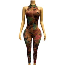 Women Floral Print Rhinestones Mesh Jumpsuit Sleeveless Skinny Crystal Romper Elastic Flower Pattern Leotard Bar Nightclub Party Show Stage Performance Costume