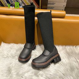 Boots High Heels Chunky Platform Chelsea Women Boots Shoes Autumn Winter New Stretch Fabric Knee High Pumps Goth Knitting Wool Botas 1202
