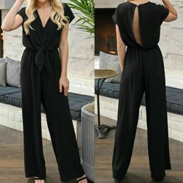 Womens Jumpsuits Rompers Women V Neck Simple Chic Jumpsuit Fashion Short Sleeve Solid Straight Jumpsuits Playsuits Lady High Street Overall Trouser 230327