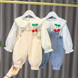 Clothing Sets Baby Girls Long Sleeve Floral Cherry Cartoon Blouse And Overall Pants Spring Autumn Two Piece Set Lovely Sweet All-match