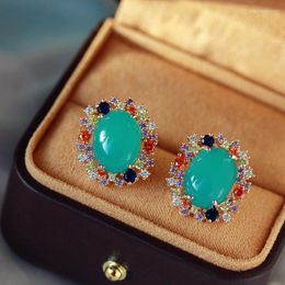 Stud Earrings Bright Oval Lake Blue Greenish-blue Colour Stone With Various Colour Small Surround Women Female Jewellery