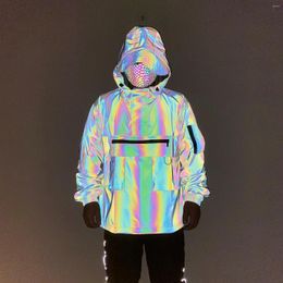 Men's Jackets Multi-pockets Half-zipper Techwear Colourful Reflective Jacket Men Women Harajuku Fashion Coat Street Casual Streetwear