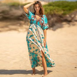 Women's Swimwear Boho Beach Dress Summer Sexy V Neck Bikini Cover Up Long Dresses Sarong 2023 Women Swimsuit Beachwear Tunics KaftanWomen's